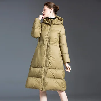 90% baltas pīles uz leju bieza dūnu jaka kapuci sieviešu modes ziemas valkāt vaļēju vidēja garuma lielās šūpoles down coat kapuci 20309