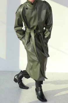 Militāro zaļā uzrakt mētelis dizaina sajūtu vecākais vīriešu garš mētelis rudens/ziemas 2022 korejas modes mīksti ādas mētelis
