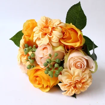 rozes un dahlia 9-galvas Ķekars Mākslīgie Ziedi līgavas kāzu ziedu Sākuma Partijas apdare
