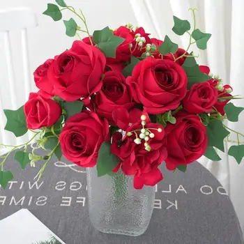 1 Ķekars Romantisks Rožu Skaistu Mākslīgo Ziedu Izsmalcinātu Mākslīgās Zīda Ziedu Reāli Dekoratīvās Imitācijas Rožu Mājas