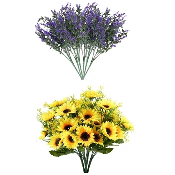 4GAB Mākslīgā Saulespuķes Kūļi Viltus Ziedi, Pušķi Ar 6Pcs Mākslīgā Lavandas Ziedi Augi