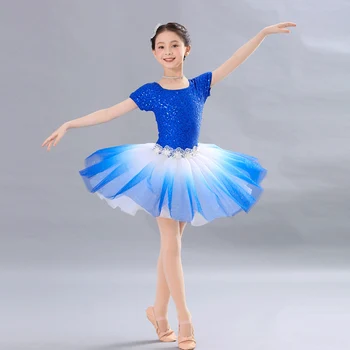 Jaunas Meitenes Zilā Gradientu, Krāsu Īsām Piedurknēm Baleta Tutu Kleita Ar Leotard Vizuļi Baleta Svārki Parādīt Skatuves Festivālā Valkā