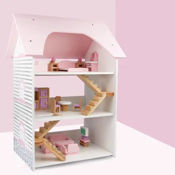 3 Stāvu Villa Lielu Rozā Princese Lelle, Mājas mēbeles, Mēbeles DIY 3D Koka Namiņš Rotaļlietas Cosplay Bērniem Spēlēt House Lieliska Dāvana