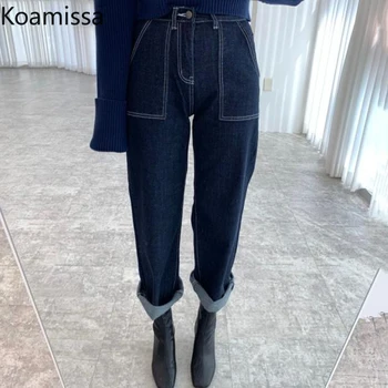 Koamissa Kabatas Sieviešu Baggy Džinsi Sieviešu Džinsa Bikses, Modes Plaša Kāju Bikses Streetwear Vaļēju Kravu Bikses korejas Harajuku