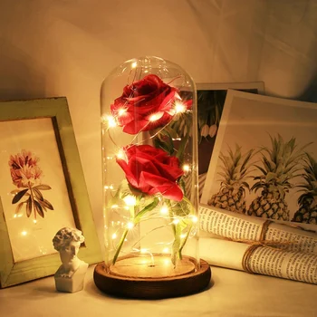 Skaistums Un Zvērs Ziedu Stikla Kupola Jostas LED Lampas, Ziemassvētku Mākslīgo Rožu Mājas Dekori Valentīna Diena Dāvanu