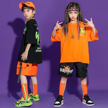 Mazulis Kpop Hip Hop Apģērbu, Grafiskais Tee Ilgi Lielgabarīta T Krekls Top Streetwear Kravas Bikses, lai Meitene Zēns Džeza Deju Tērpu Apģērbs