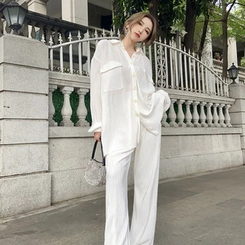 Sieviešu Blūze Baltā Kroku Plaša Kāju Bikses Komplekti Modes 2021 Gadījuma Zaudēt Garās Bikses Biroja Dāma Elegants Ilgi Palazzo Kostīmi