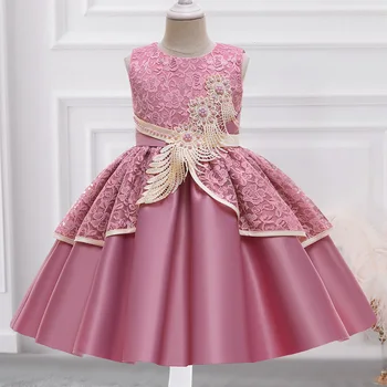 Meiteņu kleitu eleganti satīna auduma aplikācijas mežģīnes princese kleita kāzu kleitu skatuves tērpi bērnu kleitas 3-10 Gadiem