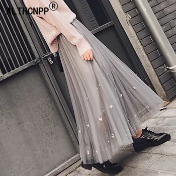 Faldas Mujer Moda 2019 Korejas Frēzēšana Kroku Svārki Ar Augstu Jostas Ilgi Svārki, Sieviešu Jupe Tilla Femme Spodnica Plisowana