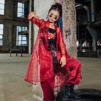 Ķīniešu Stila Apģērbu Bērniem Sarkanā Marle Mētelis Meitenēm, Džeza Deju Tērps Bērniem Hip Hop Mūsdienu Ielu Deju Skatuves Tērpiem DQL6150