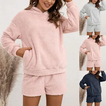 Sieviešu Tīru Krāsu Kapuci Divu Gabals Īsās Bikses Plīša Džemperis Adīšanas Uzstādīt Ziemas Modes Siltu Pidžamu Komplekts