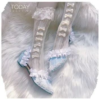 Lolita jauki persiku sirds debesis zilas mežģīņu istabene norādīja sekla muti sieviešu kurpes vasaras franču elegants loli kawaii kurpes cosplay