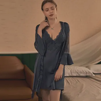 Sieviešu Pelēks Drēbes, Uzstādīt Mežģīnes Raibs Kimono Kleita Vasaras Jaunas 2GAB Sleepwear V-veida kakla Nighty&Tērpu Komplekts Satīna Zīdaini Naktskrekls Mājas apstākļos