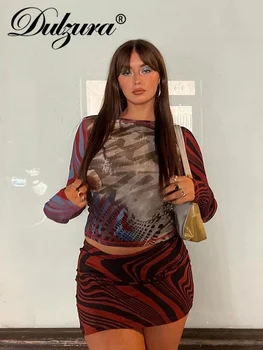 Dulzura Kaklasaites Krāsu Drukas Sievietes 2 Gabali ar garām Piedurknēm Uz Kakla T Krekls, Mini Svārki Uzstādīt Izdilis Sexy Streetwear Kluba Tracksuit ir 2021. Y2K