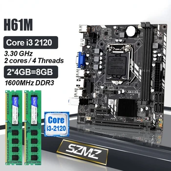 H61 DATORU Mātesplati LGA 1155 ar Intel Core i3 2120 centrālo PROCESORU un 2*4GB DDR3 1600 atmiņas Komplektu, plati pc gamer placa mae 1155