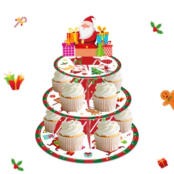 3-slāņu Karikatūra Santa Claus Priecīgus Ziemassvētkus Ziemsvētki Puse Kartona Cupcake Displejs Stāvēt Laimīgu Jauno Gadu Grupa Kūka Piederumi
