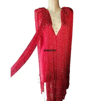 Garas Bārkstis Dizaina Kleita Rhinestones Apģērbs Seksīgs, Deju apģērbi Puse Pušķis Kostīmu Posmā Klubs valkāt Dziedātāja Deju Apģērbu