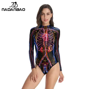 NADANBAO Halloween Puse Bodysuit Peldkostīmi Sieviešu Peldkostīms Sieviešu 3D Skeletu Iespiesti peldkostīms Vasaras Sērfošanas Biquini