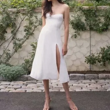 Ir 2021. francijas Sieviešu Kleita Cietā Baltā Krāsa, kas Regulētu Cilpu uz augšu Spageti Siksnas Vidum Teļš Spraugas Drēbes Puse Sieviešu Modes Apģērbu A426