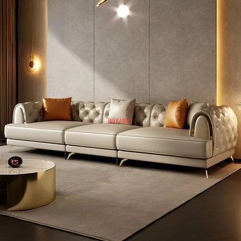 Dīvāns gaismas luksusa ādas trīs-personu, ādas dīvāns kombinācija mūsdienu vienkārši dzīvojamā istabā Guifei stūra dīvāns