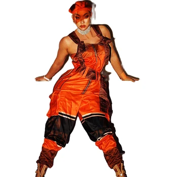 Brīvs darba Instrumentu Stilu Orange Melni Raibs Playsuits bez Piedurknēm Pavada Sieviešu Jumpsuits DJ Dziedātāja Skatuves Valkā Džeza Deju Kostīms