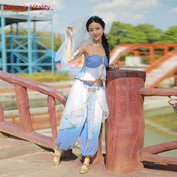 Jasmīns Princese Kostīmu Vēdera Deju Dejas Tērps Sievietēm Austrumu Deju Top Plīvurs Bikses Set 3pcs Cosplay Drēbes