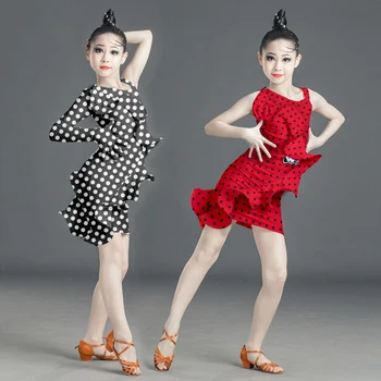 New Children 'S Dance Drēbes Profesionālās latīņu Deju Konkurss Kleitas Savirmot latīņamerikas Deju Kleitu Meitenei, Polka Dot 130 Sievietēm