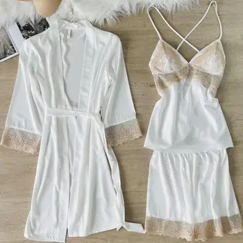 Vasaras Balts 3PCS Sleepwear Sieviešu Satīna Pidžamas Komplekts Mežģīņu Raibs Sexy V-neck Pijamas Uzvalks Pilna Slīdēšanas Miega Komplekts Mājas apstākļos