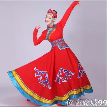 Mongolijas Sievietes Deju Apģērbu Ķīnas Tautas Gara kleita Skatuves Sniegumu Vintage Sarkana