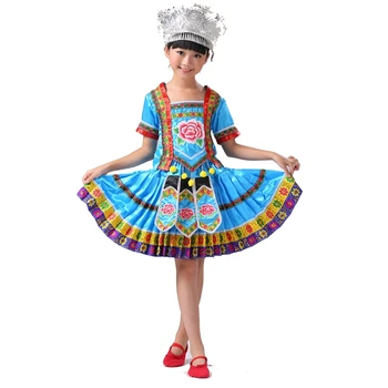 Meitenes Miao Apģērbu Hmong Drēbes Ķīnas Tautas Deju Kostīms, Bērnu, Tradicionālā Ķīniešu Tērpu Plisēt Svārki ar Cepuri