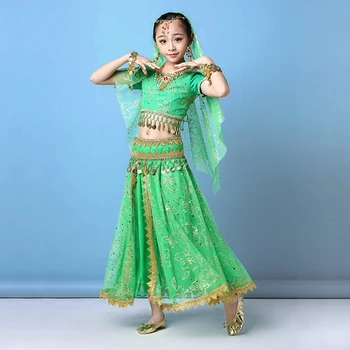 2019 Sari Dancewear Bērniem Vēdera Deju Tērpu Komplekts Indijas Deju Tērpi Bērniem Sports Kleitas 4gab (Augšējā Jostas Svārki Plīvurs)