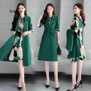 Rudens Un Ziemas Dress-Stila SIEVIEŠU Uzvalks divdaļīga Jaunā Stila korejiešu Slim Fit Novājēšanu Eleganta Kleita Apģērbs ar Uzrakt Mētelis