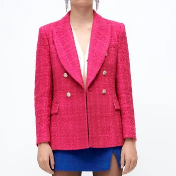 Sieviešu jaka Rudens Modes Dubultā Krūtīm, Tvīda Pārbaudīt Žakete Vintage Mētelis ar garām Piedurknēm, Kabatām Sieviešu Virsdrēbes Šiks