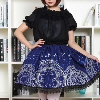 Sieviešu Gothic Lolita Midi Garuma Kroku Svārki Cardcaptor Sakura Kawaii Salds Moon Star Burvju Ģeometriskā Drukāt Pusaudžu Meiteņu Dibeni