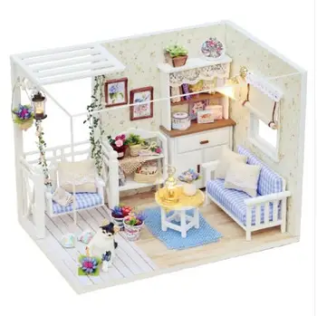 Radošā DIY Lelle, Mājas mēbeles, Mēbeles Miniatūras pārklāju Ar Led 3D Koka Namiņš Dāvanu Rotaļlietas Bērniem Kaķēns Dienasgrāmata H013