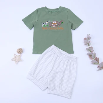 1-8T Medību Babi Tērpiem Puika Kokvilnas Lieldienu Apģērbu Komplekts Dzīvnieku Izšuvumi Bodysuit Toddler Piedurknēm T-krekls Režģu Šorti