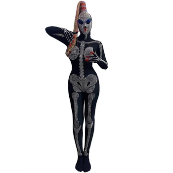 Dzirkstošo Dimanta Skelets Drukāt Sievietes Gara Melna Jumpsuits Biedējošu Bodysuits Halloween Performence Dāmas Skatuves Kostīmu Valkāt
