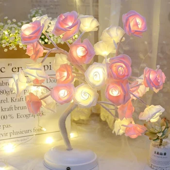 24 LED Rožu Ziedi Galda Lampas Galda Nakts Gaisma Iekštelpu Apgaismojuma Lampas Mājas Guļamistaba Dekorēšana Kāzu Rotas Rozā/Balts