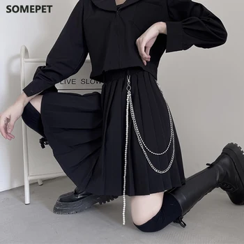 Gothic Sieviešu Kroku Svārki Vintage Augsta Vidukļa Metāla Ķēdes Preppy Meiteņu Deju Mini Svārki Korejas Līniju Black Ir 2021. Svārki