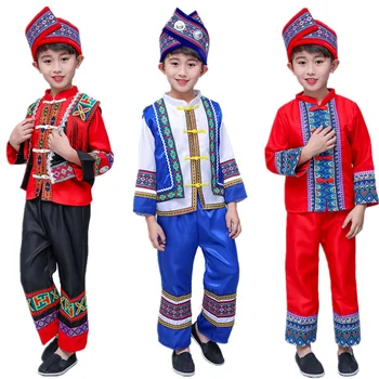 Bērni Ķīnas Valsts Hmong Miao Kostīmu Tradicionālā Festivāla Skatuves Sniegumu Valkā Zēni Drukas Tautas Hanfu Kleita Apģērba Komplekts