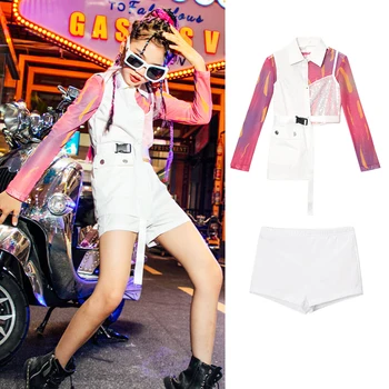 Bērniem Kpop Apģērbs Atdzist Hip Hop Apģērba Baltā Drukā T Krekls Top Kravas Šorti Meitenēm Džeza Deja Kostīmu Streetwear XS5007