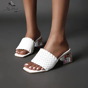 Sgesvier Liela izmēra 33-48 modes sieviešu čības bieza augstpapēžu kurpes ar kvadrātveida purngalu dāmas kurpes vasaras 4 krāsas mūļu apavi