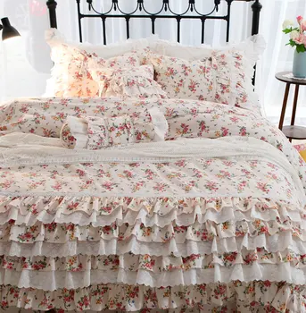 Pastorālā ziedu gultas komplektu,dvīņu pilna karaliene, karalis kokvilnas gudrs, romantisks mežģīņu mežģīnes, mājas tekstila bedskirt spilvena pārvalks sega sedz,