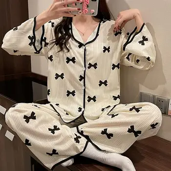 SUO&CHAO 2023 Jaunu Pidžamas Komplekts Sieviešu Jaciņa ar garām Piedurknēm Un Bikses Vaļīgas Gadījuma Drukāt Pidžamas 2GAB Sleepwear Homewear