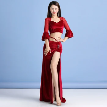 Ragu Piedurknēm Rudens Ziemas Sievietes Deju Elegants Apģērbs Vēdera Deju Samta Kostīms Komplekts 3 Gabali (Tops, Svārki un Apakšbikses)