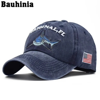 Bauhinia Vintage Džinsa Cepurīte Ar Izšuvumiem Haizivs Beisbola Cepurītes Vīriešiem, Āra Kokvilnas Gadījuma Sieviešu Cepure